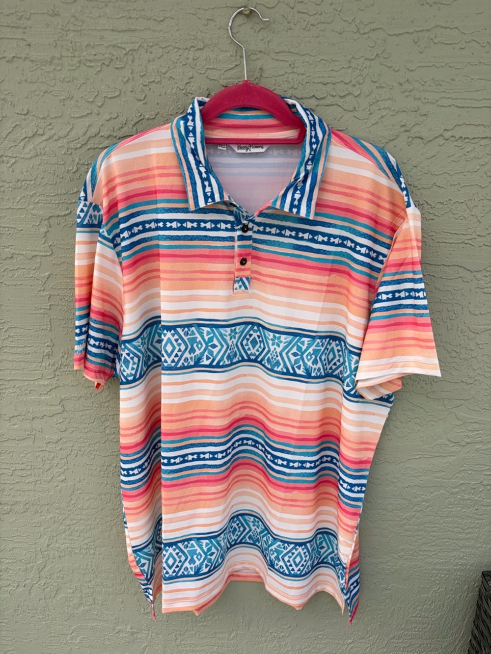 Kenny Flowers Coral, Teal & White Striped Polo Sz XXL